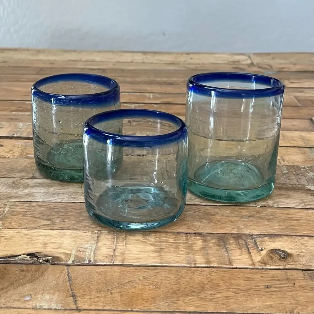 Hand-Blown Mexican Short Tumblers Set of 3 Clear Blue Rim
